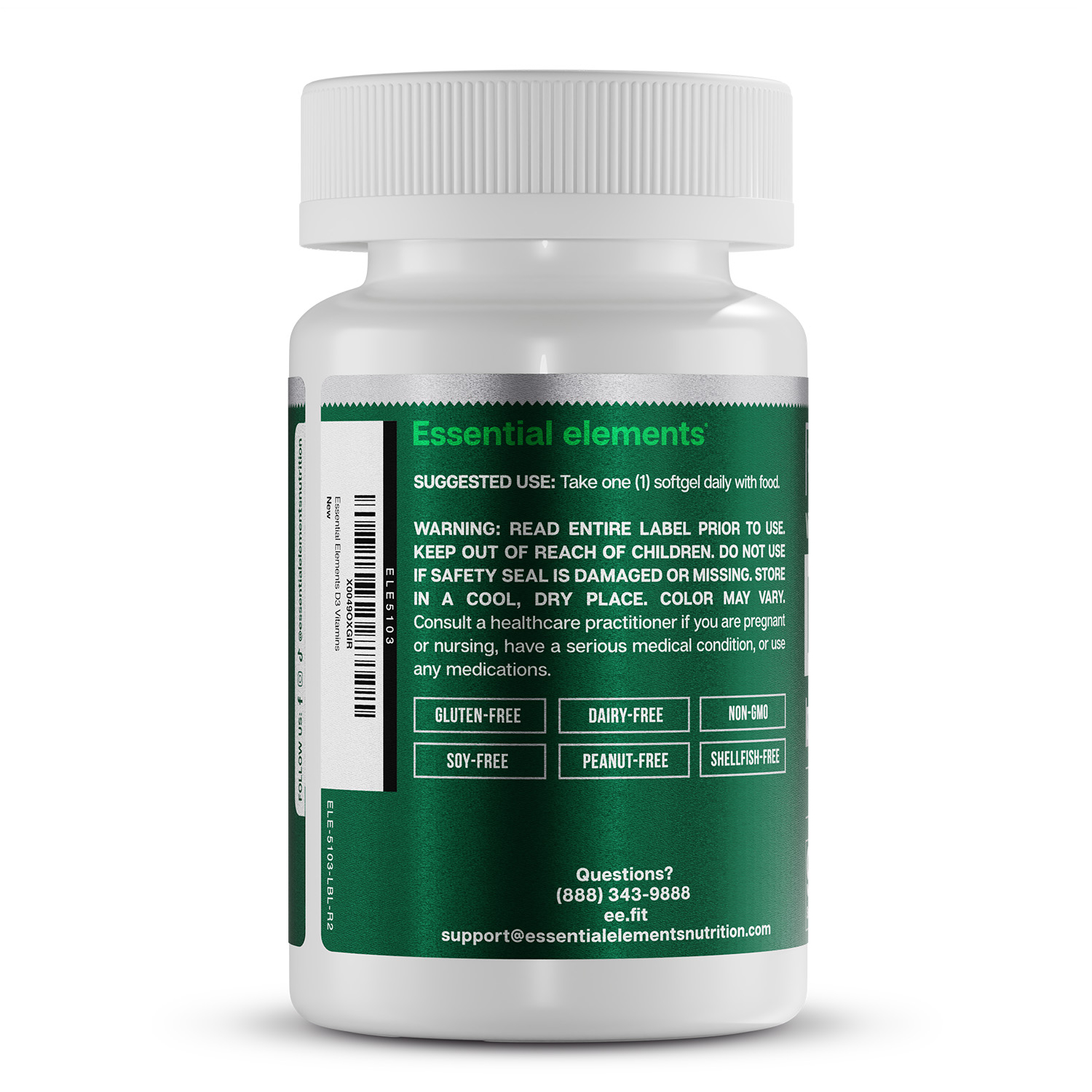 Essential elements Vitamin D3 5000 IU - Softgels with Olive Oil - Bone, Muscle, & Immune Support - 2 pack