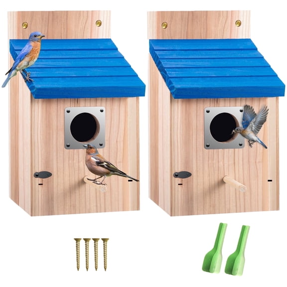 Bird Houses, 2 Pack Bluebird Houses with Predator Guard, Weather Resistant Wooden Birdhouse for Swallow Finch, Easy Clean Outdoor Nesting Box for Outside