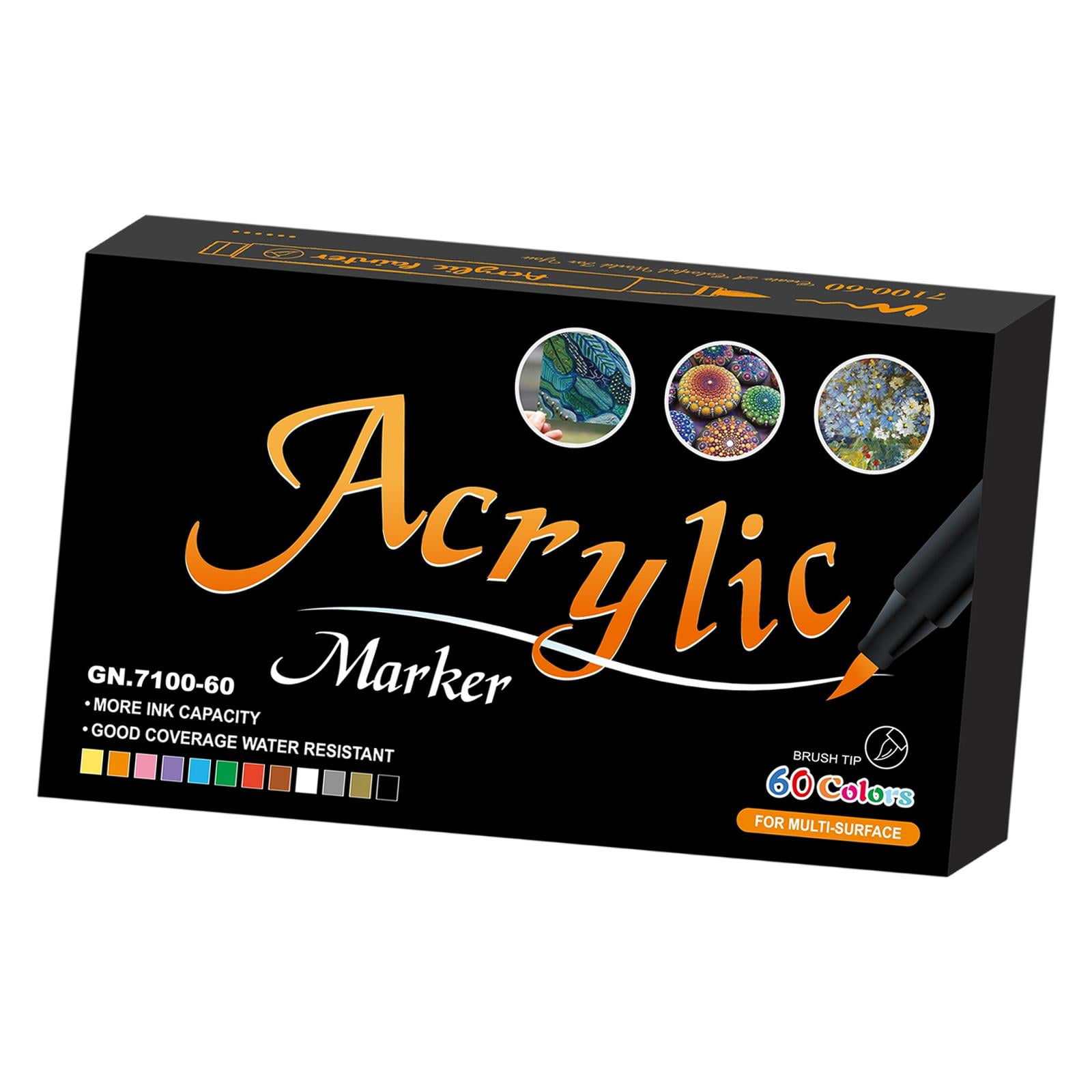Acrylic Paint Markers Set Waterproof Art Supplies Assorted Colors Acrylic Paint Pens with Brush Tip for Painting Canvas Crafting Stones Rock 60 Colors
