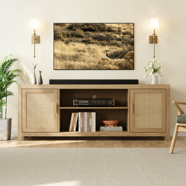 Boho TV Stand for 75 Inch - Rattan Entertainment Center with 2 Doors, Adjustable Shelves, Modern Media Console, Natural Oak, Wooden TV Cabinet Storage