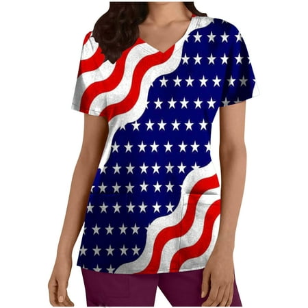 

OGLCCG Womens Stretch Scrubs Tops V Neck American Flag Stars Stripes Print Patriotic Shirt Breathable Comfy Nursing Scrubs with Pocket