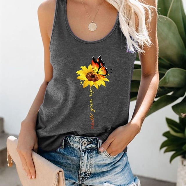 EGNMCR Réservoir Tops for Women Grande Taille pour Femme Été Tournesol Imprimé Col Rond Sans Manches T-shirt Réservoir
