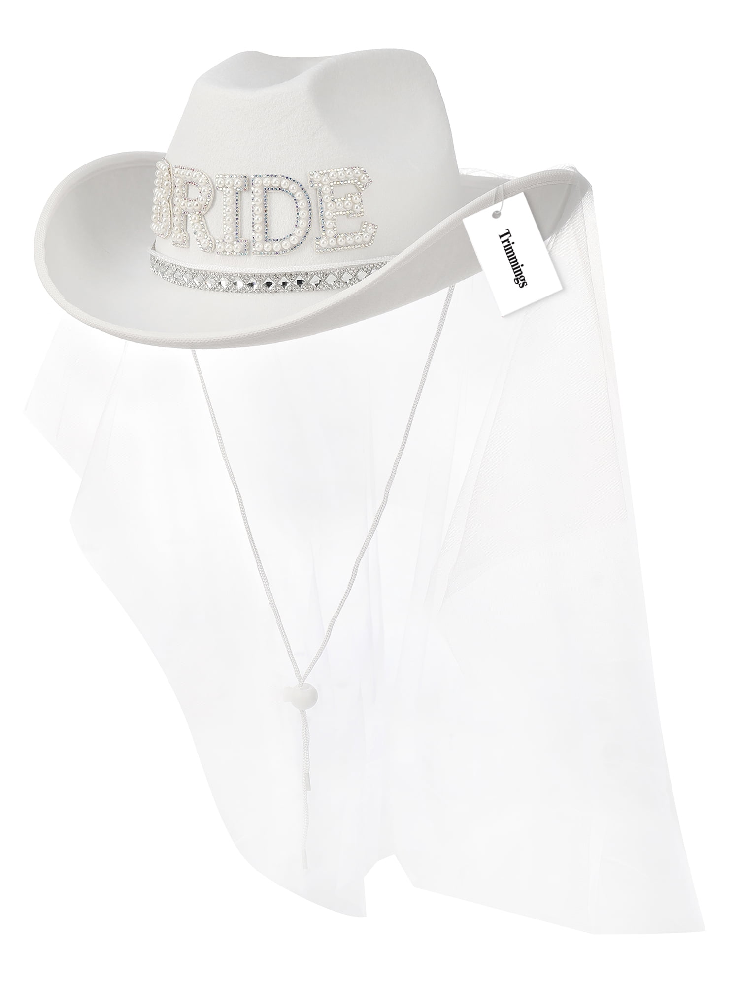 Bride Cowgirl Hat with Veil, Adult, White, 1 piece by Trimmings