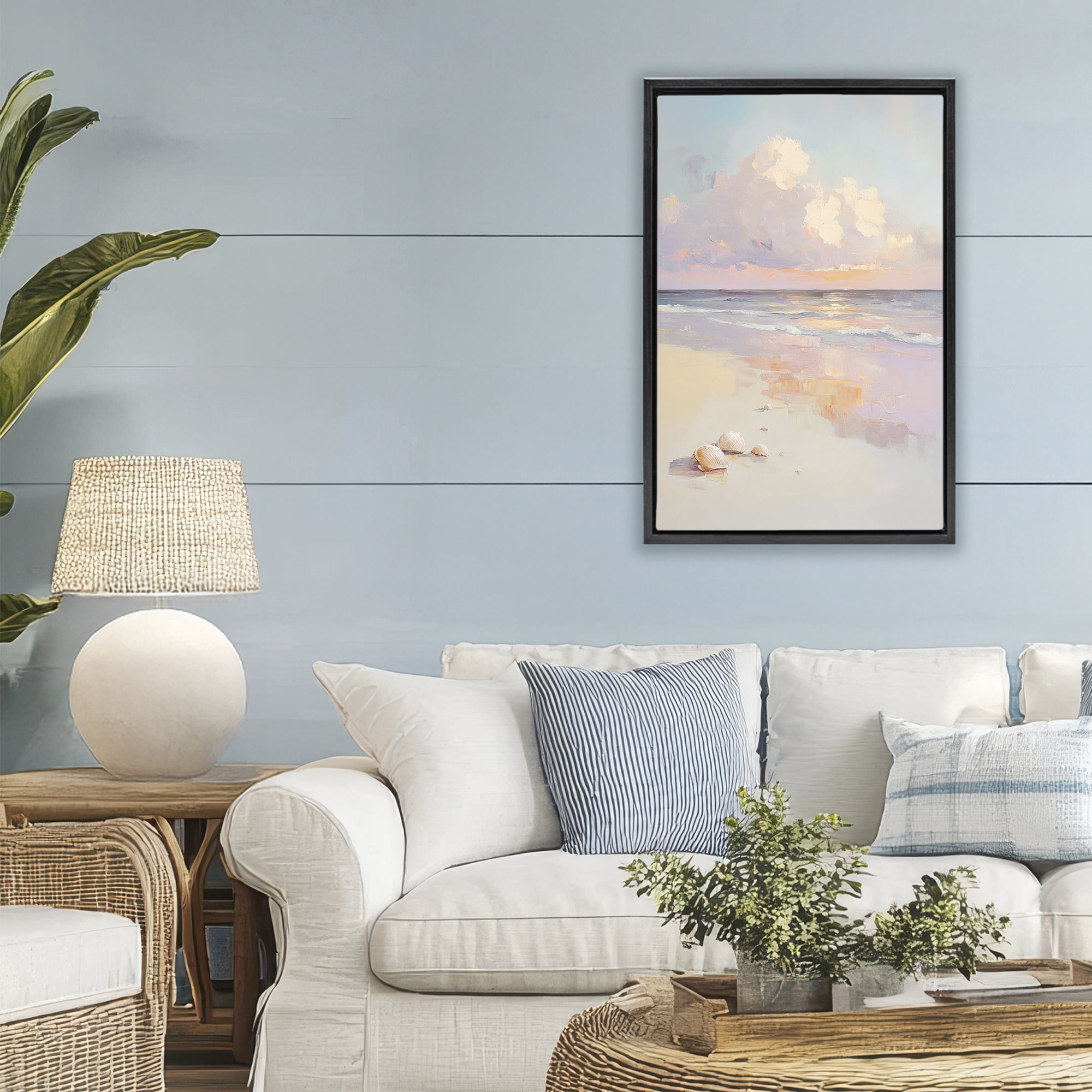 Stupell Industries Pastel Sunset Over Seashells Black Framed Floater Canvas Wall Art, design by Sisi and Seb