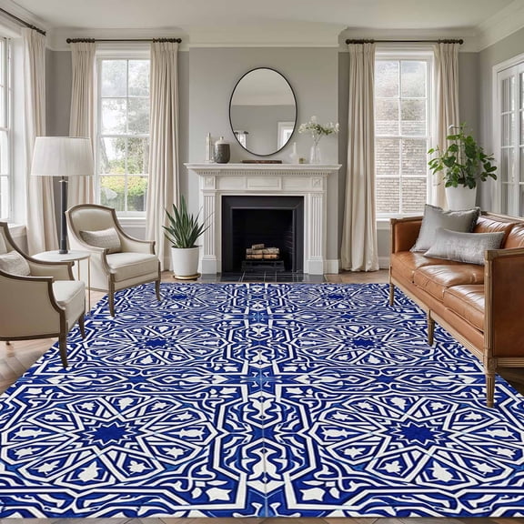 8'x10' Area Rugs, Navy Blue Indoor Outdoor Area Rug for Living Room Bedroom, Traditional Tribal Abstract Geometric Art Washable Bathroom Rugs Kitchen Floor Carpet Mats Home Decor Aesthetic