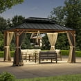 thumbnail image 3 of Modern Shade Hardtop Gazebo 10' x 14' with 4 LED Lights, Permanent Gazebo with Double Galvanized Steel Roof for Outdoor Backyard, Brown, 3 of 8