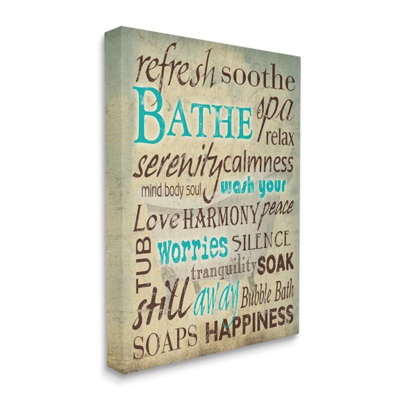 The Stupell Home Decor Collection Bathe Wash Your Worries Typography Bathroom Stretched Canvas Wall Art