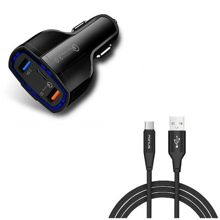 3-Port USB 48W Quick Car Charger w Charger Cord Type-C 6ft USB Cable L5X for Samsung Galaxy S10 Plus S8 active 5G Note 9 8 10 Plus A9 A50 A20 A10e - Sonim XP8 XP3 - Sony Xperia XZs XZ3 XZ1 XA1