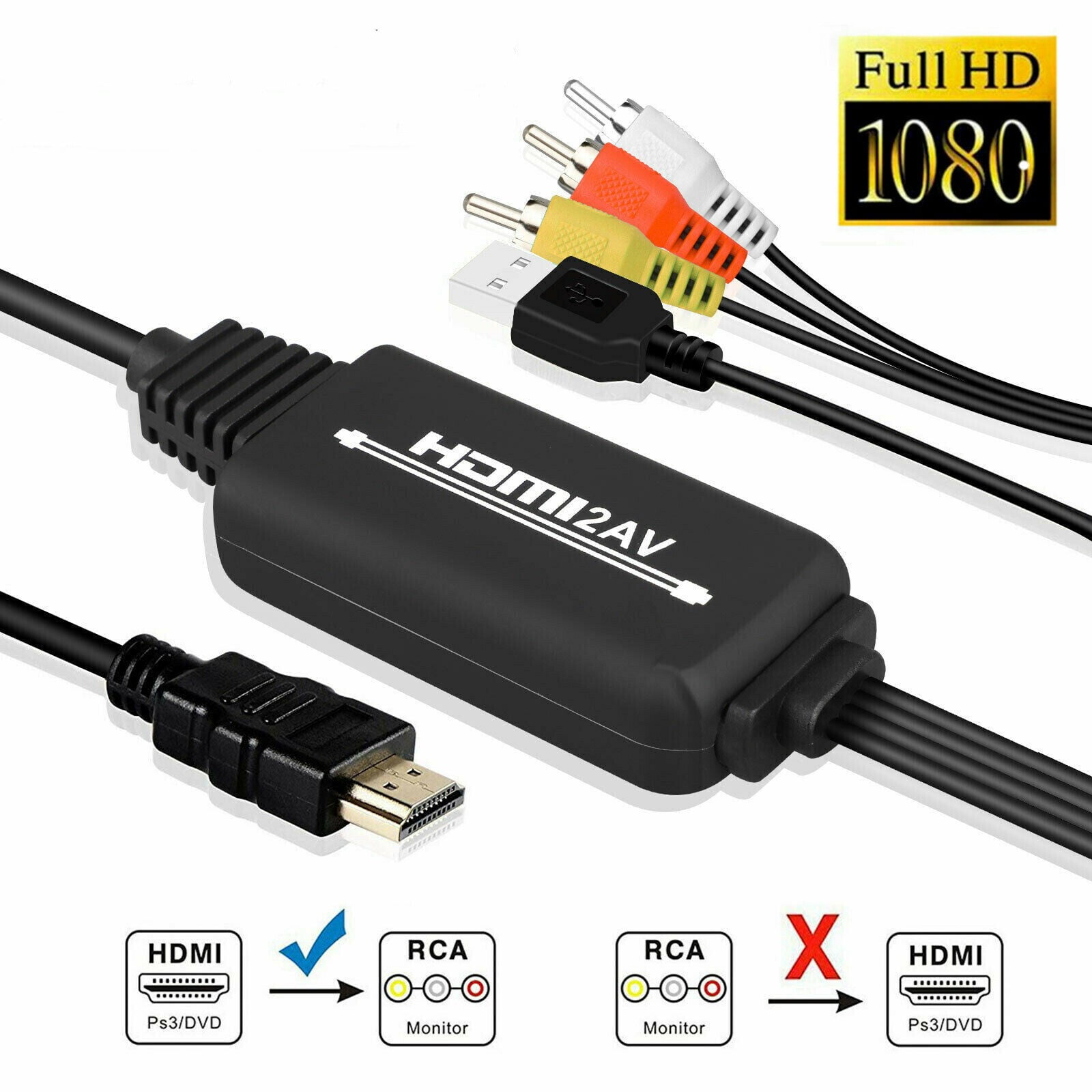 HDMI to RCA Cable Converter HDMI to AV Converter 1080P 3RCA Cvbs 
