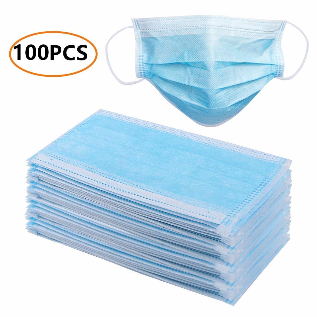 100Pcs 3 Ply Disposable Mask with Elastic Ear Loops, Breathable