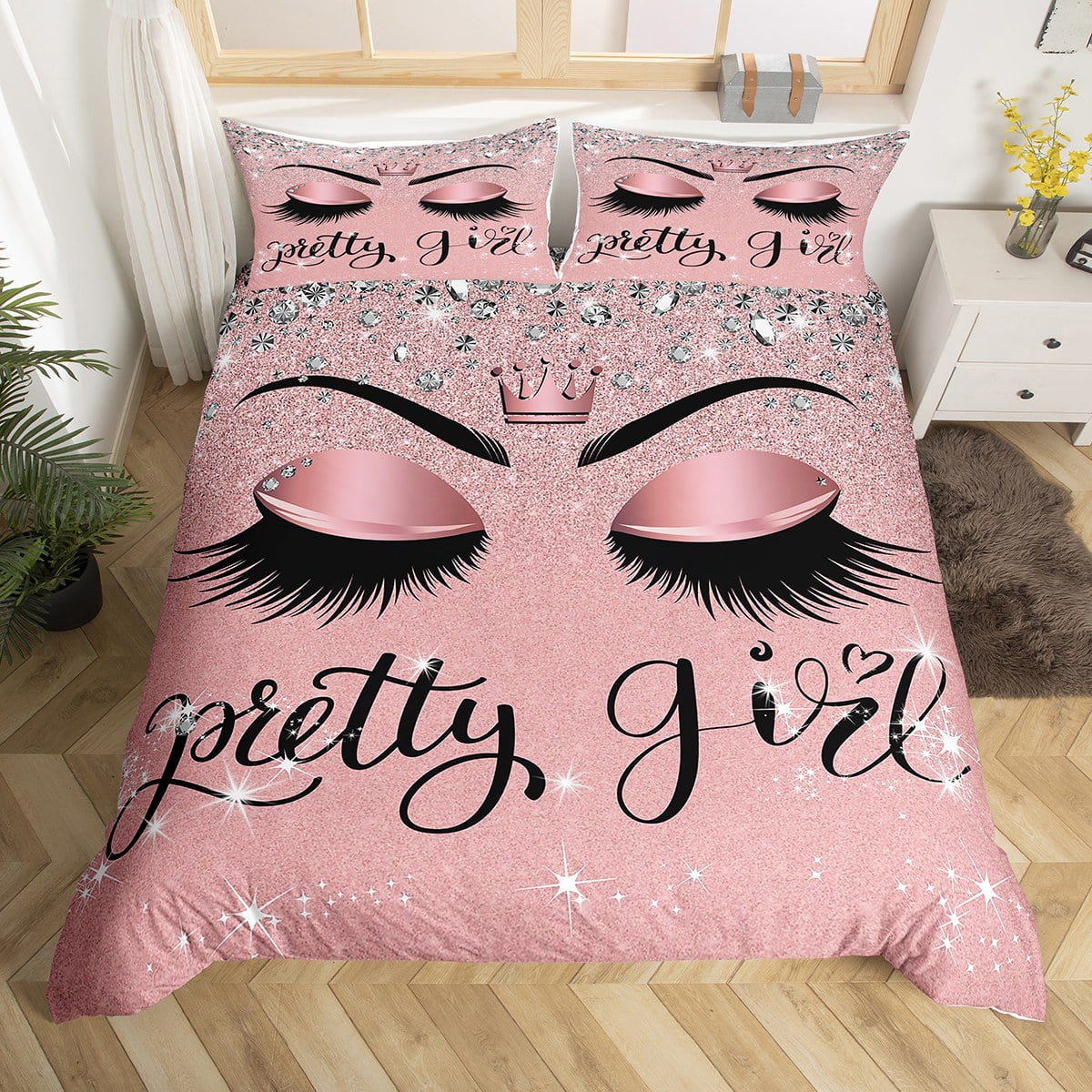 Eyelash Duvet Cover Queen,Stylish Pink Sparkles Bedding Set for Teens
