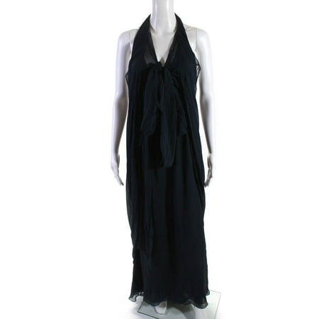 

Pre-owned|Vera Wang Womens One Shoulder Sheer Tie Up Cascading Gown Navy Blue Size 8