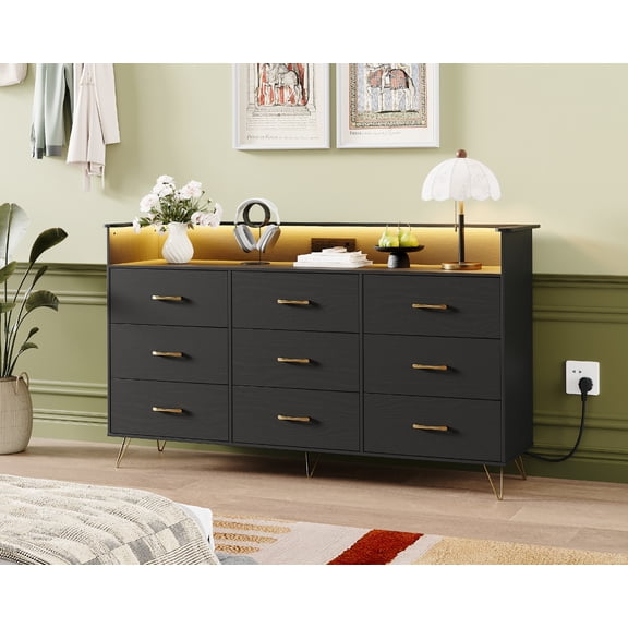 9 Drawer Wooden Dressers for Bedroom with LED Lights & Charging Station, Wood Chest of Drawers with App Control, Modern Large Storage Cabinet for Living Room, Closet, 36.6" H x 62.8" W x 16.7" D