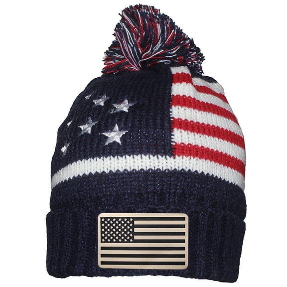 Patriotic USA Pom Pom Cuffed Beanie With Laser Engraved US Flag Leatherette Patch - Navy/White - Beige Patch