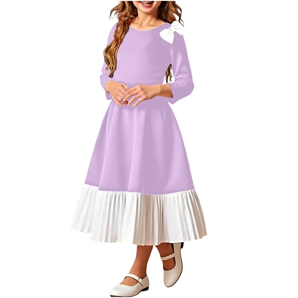 Vestido Formal Negro de Manga Larga Vestido Negro Pequeño de Manga Larga con Arco, Mangas de 3/4 de Longitud, Falda Plisada de Rodilla para las Fiestas de Cumpleaños de las Niñas, Bodas, Actuaciones