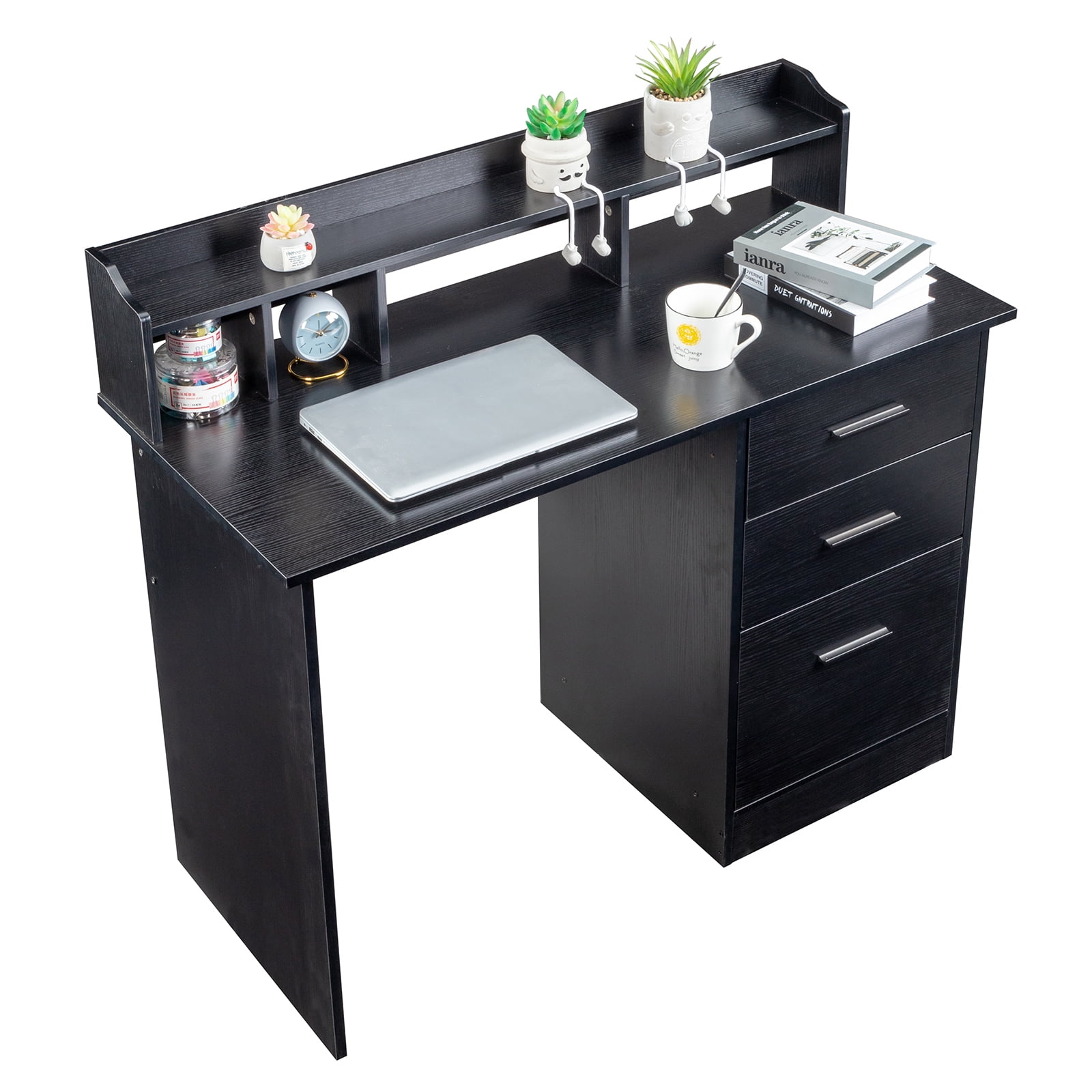 Computer Desk, Particleboard Paste Triamine Desktop Storage Layer Three Drawers Black Wood Grain, 110*50*95cm