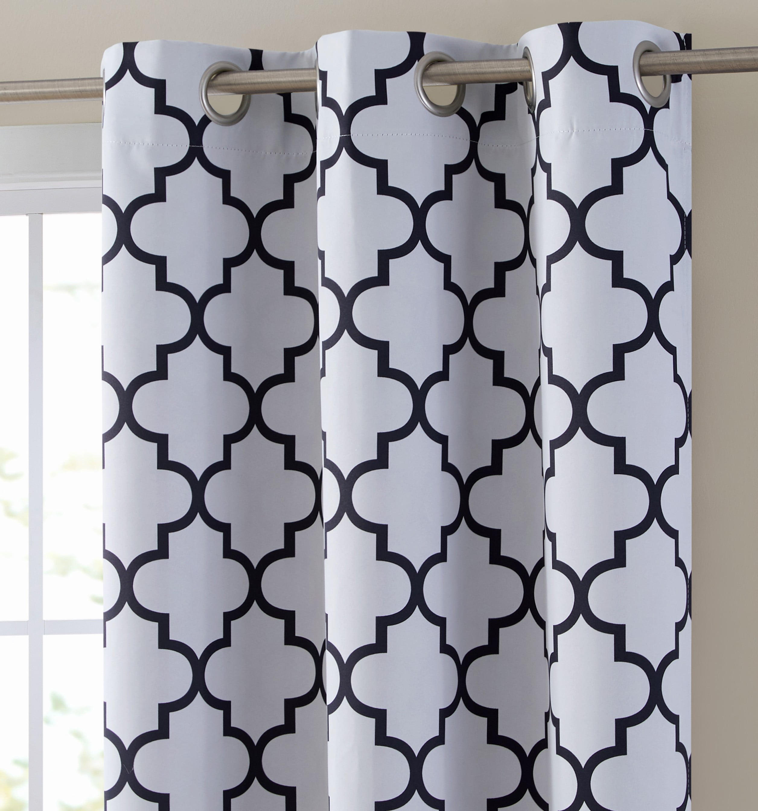 THD Moroccan Trellis Lattice Decorative Blackout Thermal Privacy Room Darkening Grommet Window Drapes Curtain Panels for Bedroom - Set of 2 (Platinum White Black, 37 W x 72 L)