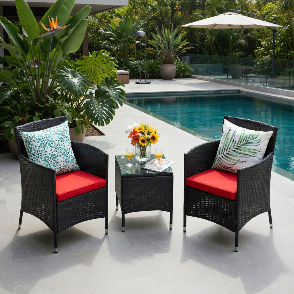 Hommoo 3-Piece Outdoor Wicker Patio Furniture Set with Cushioned Chairs & Tempered Glass Coffee Table, Red
