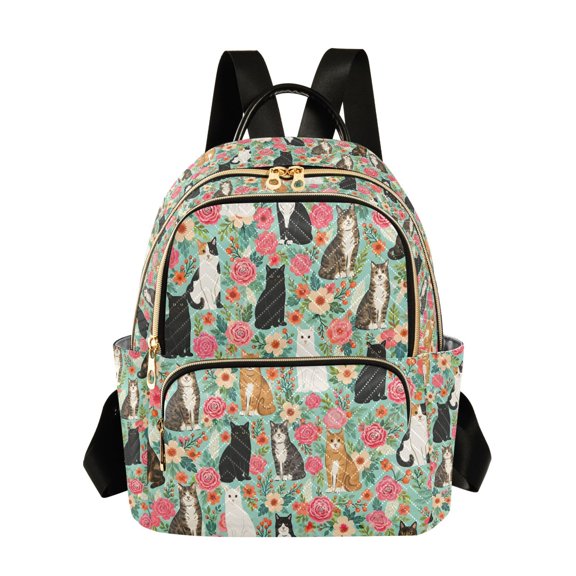 FORMRS Mini Backpack Purse for Women Quilted Travel Daypack Casual Shoulder Bag, Green Floral Cats Pattern