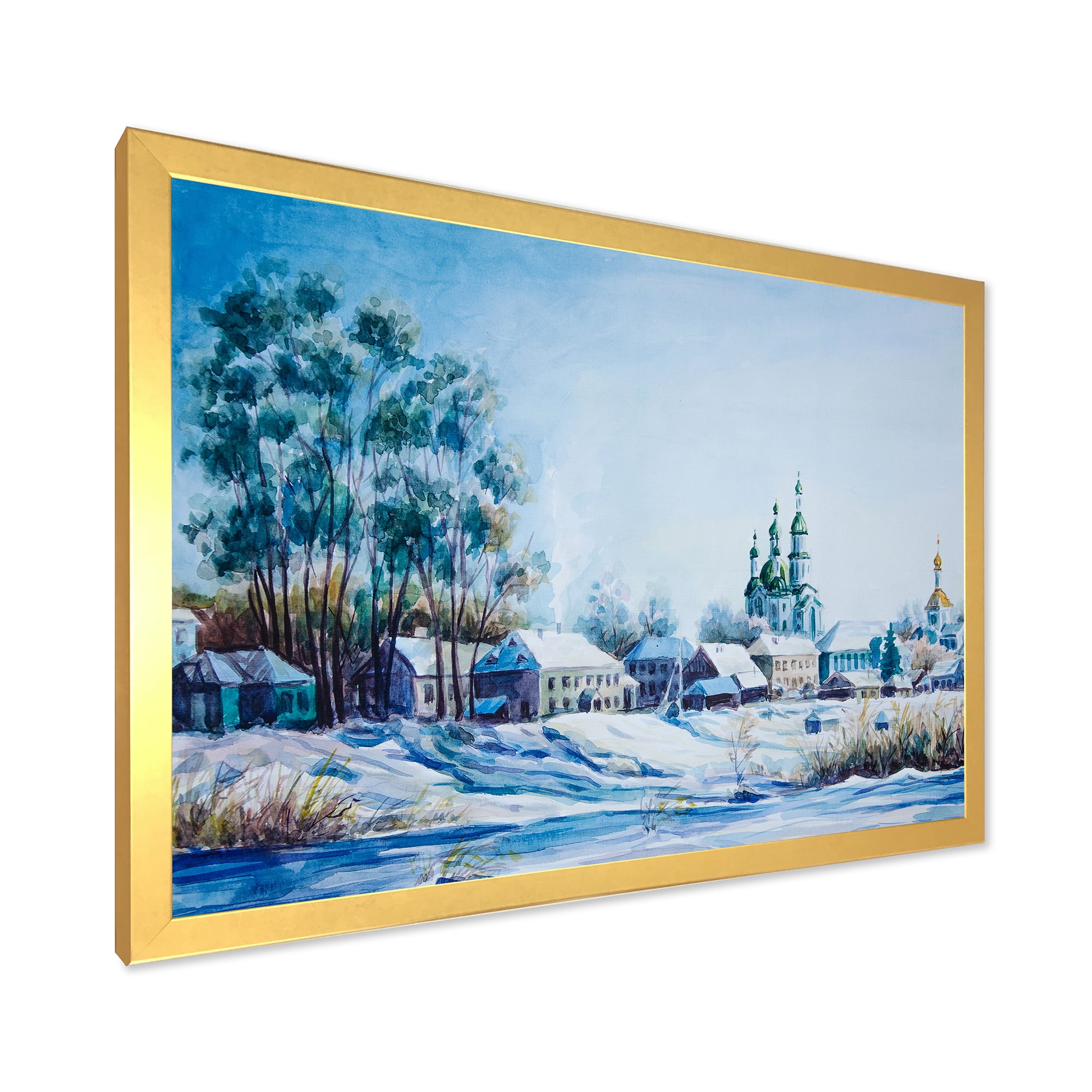 Designart 'Small Town Covered In Snow In Winter Times' Traditional Framed Art Print