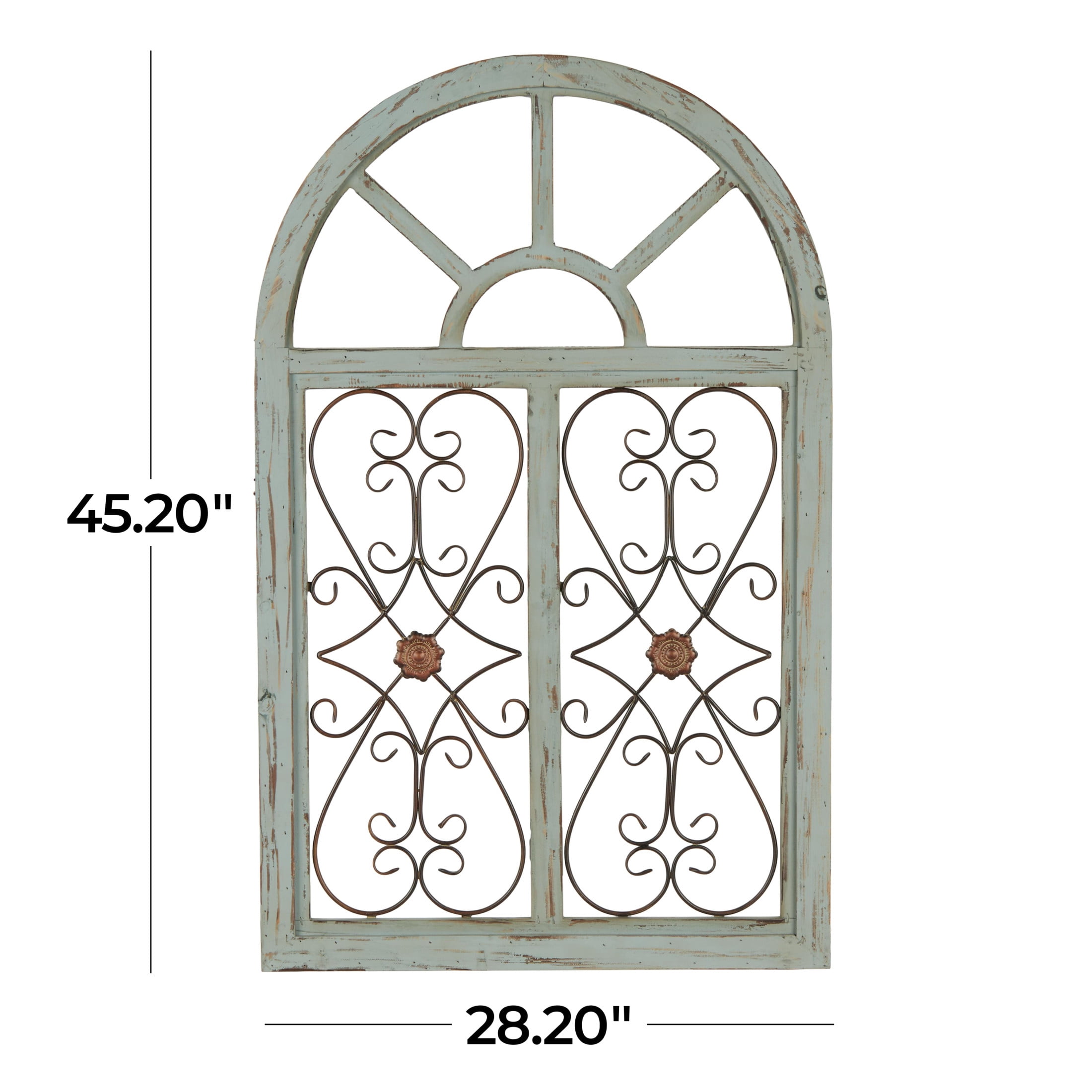 DecMode Light Blue Wood Arched Window Inspired Scroll Wall Decor with Metal Scrollwork Relief