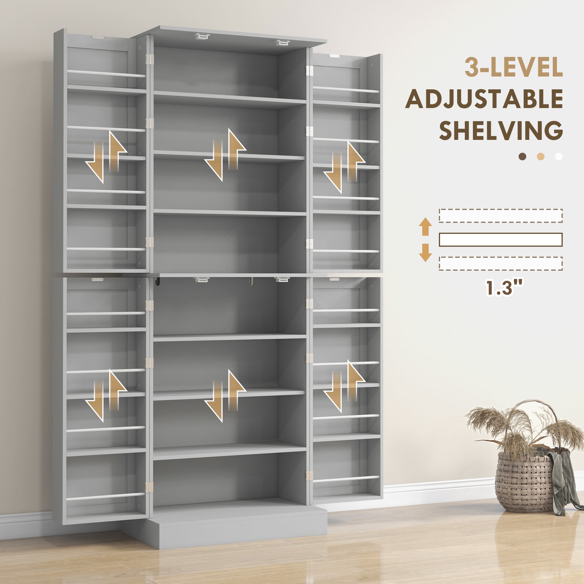 HOMCOM 65" Kitchen Pantry Cabinet with Adjustable Shelves Spick Racks Gray