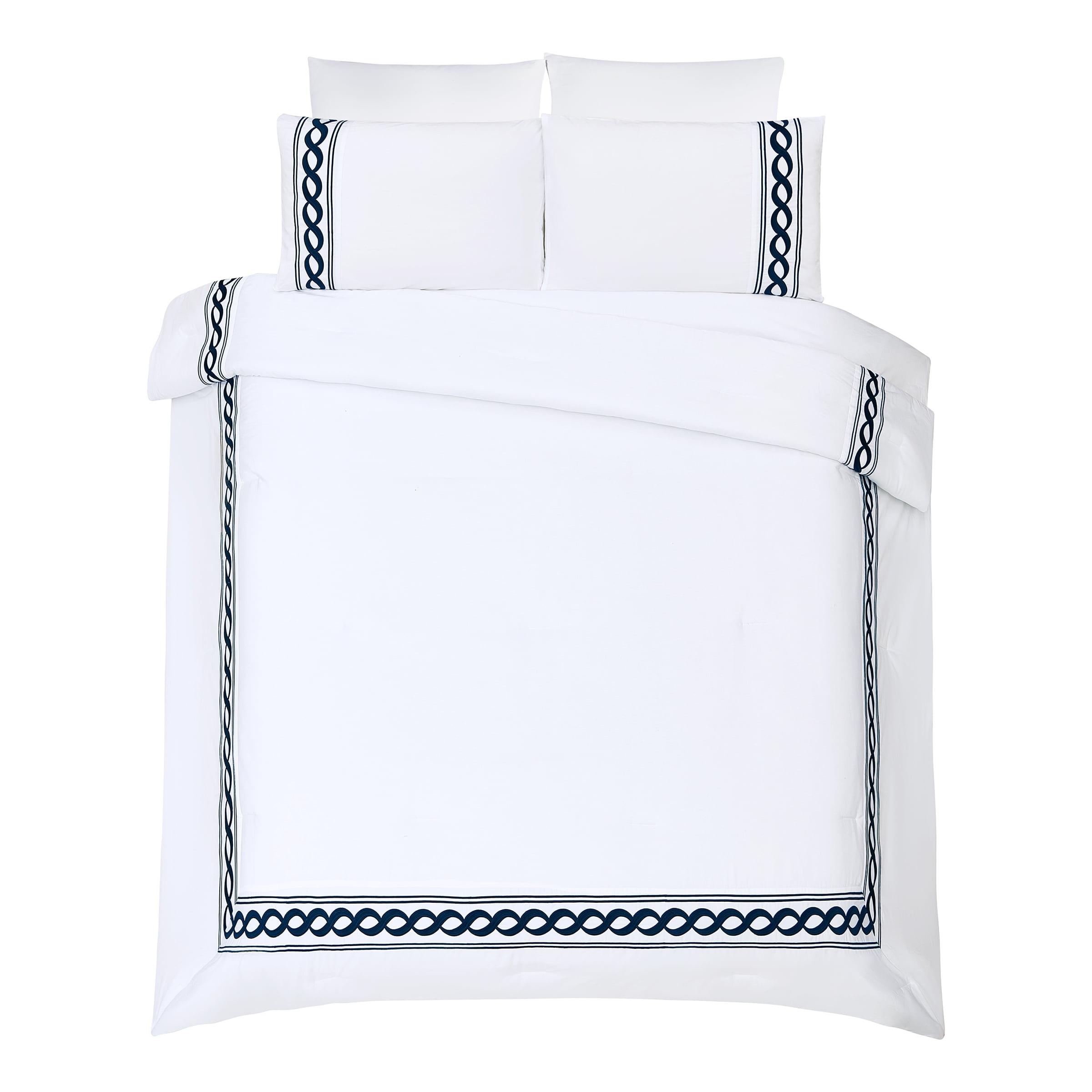 Dee Ocleppo Embroidered Cable Border White/Navy 3-Piece Hotel Style Comforter Set, Full/Queen