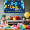 thumbnail image 5 of Blue Gold Themed First Birthday Banner with Balloons Bow and Glitter Party Supplies Photography Props Backdrop Happy Birthday Decorations Birthday Party Background, 5 of 8