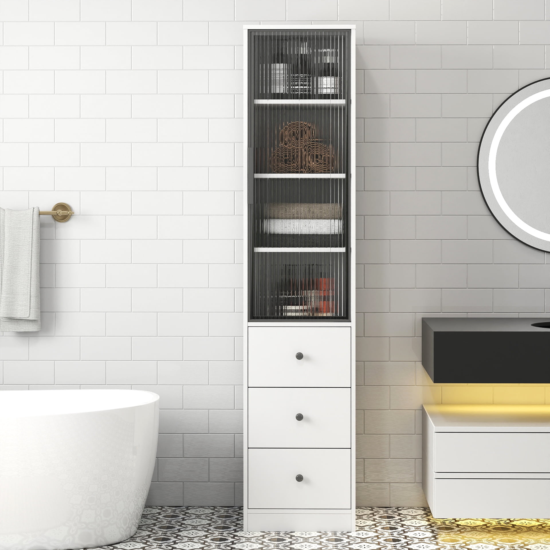 Tall Bathroom Storage Cabinet Narrow Unit with Glass Door 3 Drawers, White