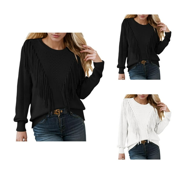 Women’s Knit Sweater, Crewneck Fringe Tassel Pullover Top, Soft Long Sleeve Fall Winter Casual Clothing