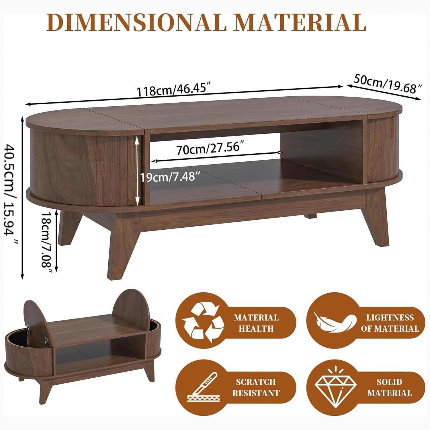 Coffee Table with 2 Hidden Compartment, Wooden Coffee Table with Open Shelf, Center Table for Living Room, Walnut Color