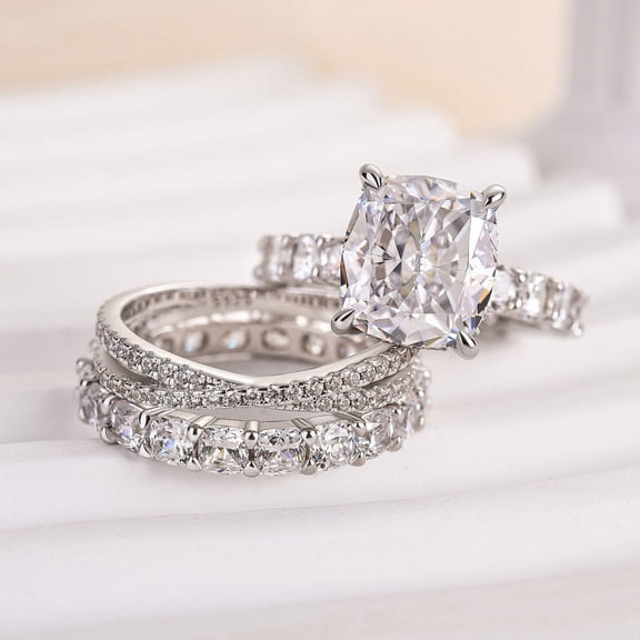 Veda Jewel 14K White Gold Plated 1.7 Ct Diamond Ring Trio Set - Cushion Cut Lab Created Engagement Jewelry with Criss Cross Band - Perfect for Her - Birthday or Anniversary Present