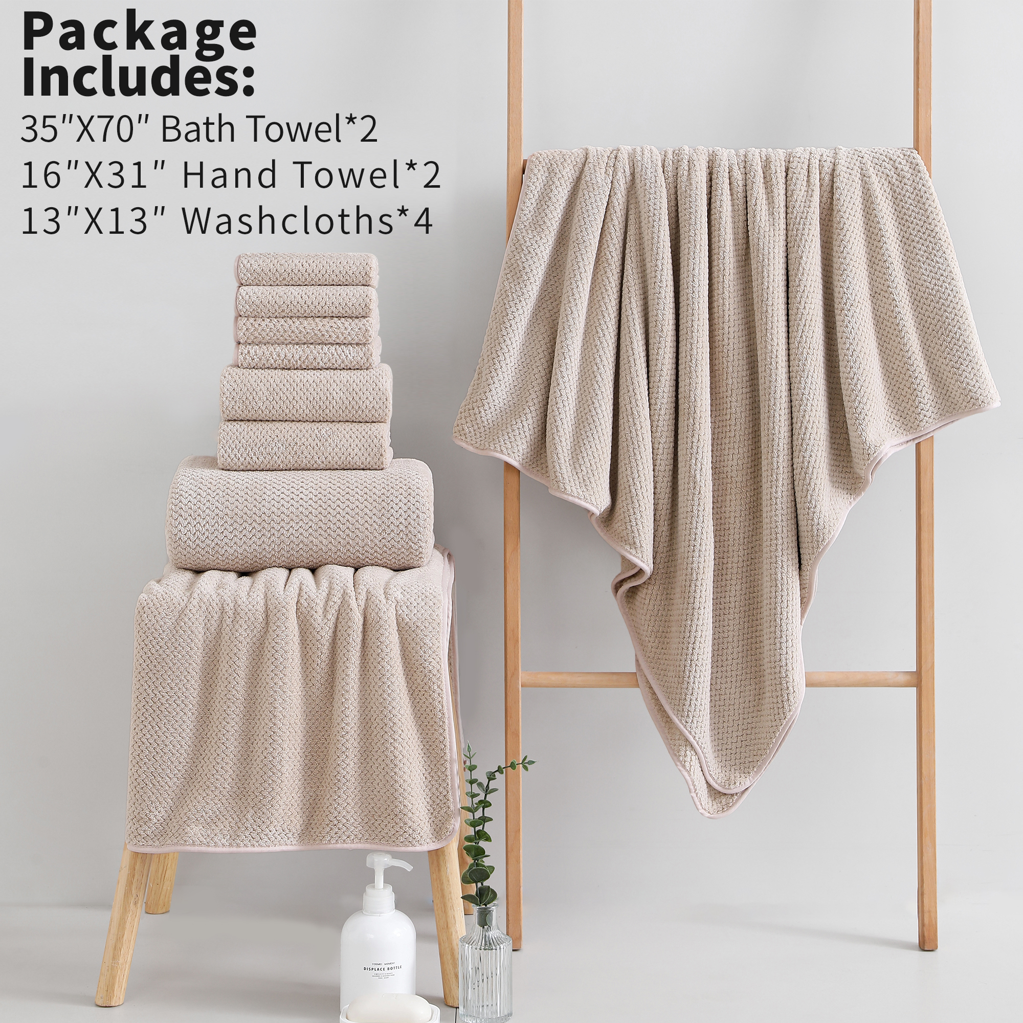 Jessy Home 8 Piece Towel Set Oversized Soft Cozy Towels 600 GSM Camel Plush Towel Set