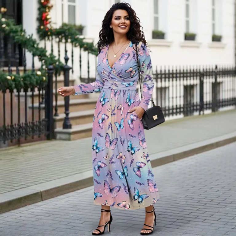 pink and blue winter dress Fkelyi Blue Pink Butterfly Print Womens Fall Maxi Dress V-Neck Long Sleeve Casual Dress with Pocket A-Line Flowy Tiered Dresses for Spring Winter, S,
