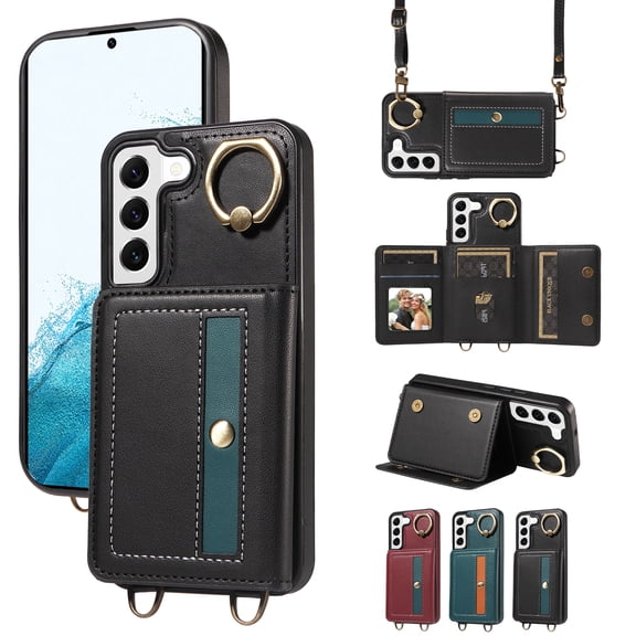 Case for Samsung Galaxy S21 FE Wallet Case, Flip Leather Case with 4 Card Holder, Ring Holder Kickstand Shockproof Protective Folio Phone Cover Crossbody Strap for Women Ladies,Black