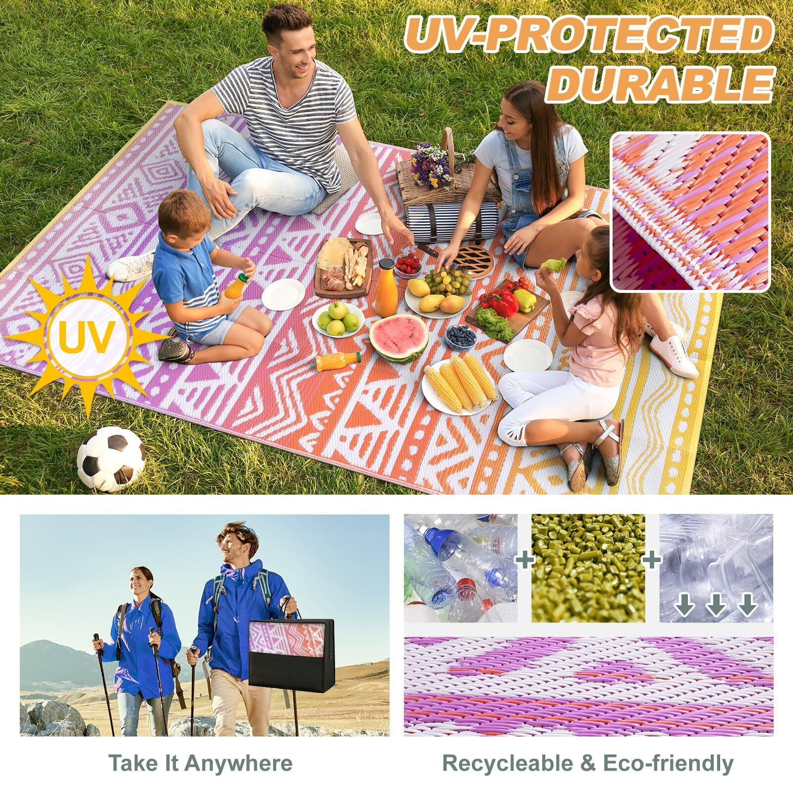 Moynesa Large Outdoor Rug Waterproof, 8'x10' Lightweight Plastic Straw Rug for Camping RV, Reversible Outside Carpet for Patio Deck Porch Balcony Picnic Tent, Orange/Purple