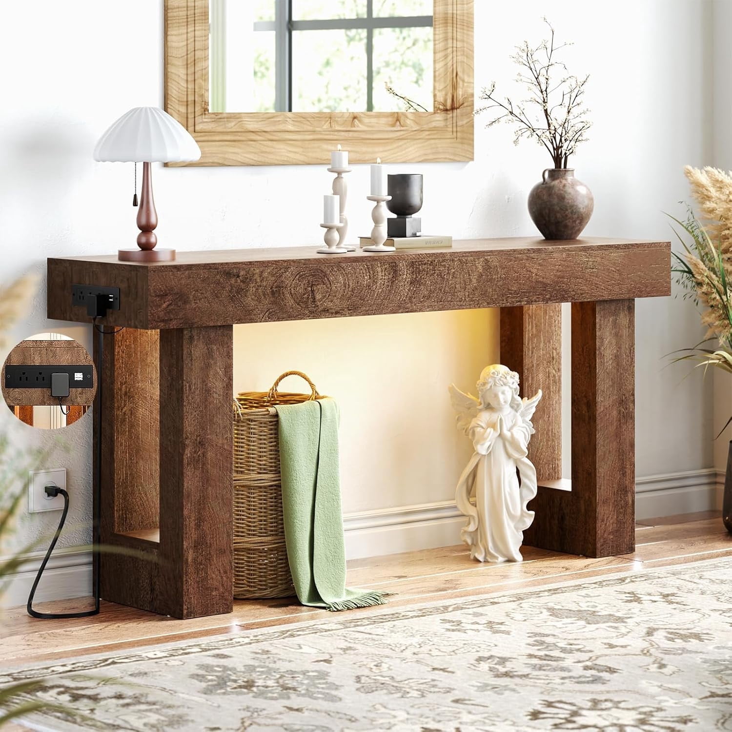 Homieasy 63'' Farmhouse Console Table with Power Outlets and Sensor Light, Wooden Entryway Table Narrow End Table with Storage for Entrance, Hallway, Living Room, Bedroom, Cracked Oak