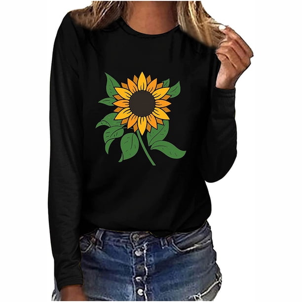 Blusa negra suelta informal de manga larga con estampado de cuello redondo para mujer Pompotops gfhjh2225