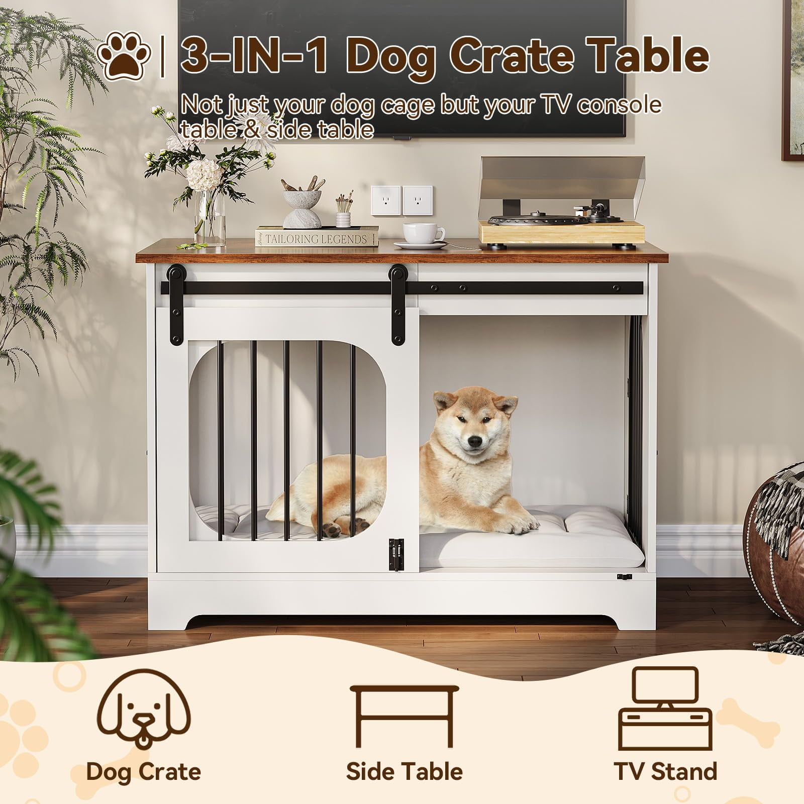 39.4'' Wooden Dog Crate Furniture TV Stand, Indoor Dog Kennel for Small/Medium/Large Dogs, End Side Table Dog Crates with Soft Cushion, Arched Door Design