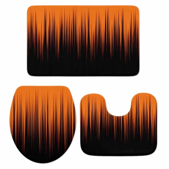 Burnt Orange Black Ombre Bathroom Rugs Set Abstract Modern Lines Gradient Non Slip Absorbent Soft Bath Mats 3 Piece Set with Bathroom Rug, U-Shaped Floor Mat, Toilet Seat Cover Small Size
