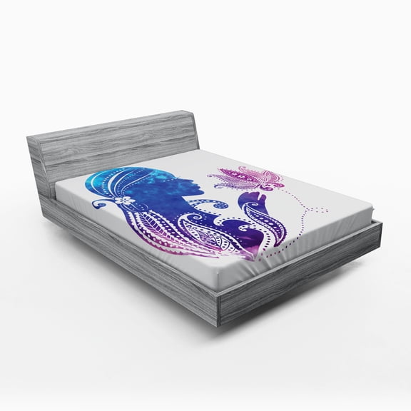 Feminine Fitted Sheet, Girl's Silhouette with Flowers on Her Hair Floral Ornaments Meditation Spa Art, Soft Decorative Fabric Bedding, Full Size, Purple Blue, by Ambesonne