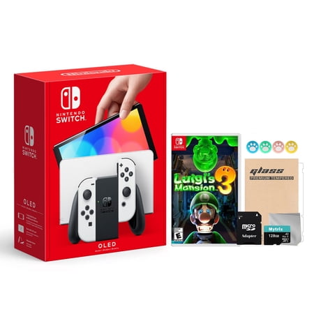 2021 New Nintendo Switch OLED Model White Joy Con 64GB Console Improved HD Screen & LAN-Port Dock with Luigi s Mansion 3 And Mytrix Accessories