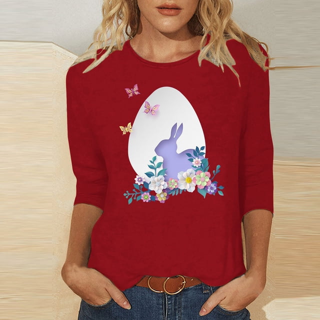 EGNMCR Easter Chemises Imprimées pour Femmes T-Shirts Graphiques Chemises pour Femmes Mode Femme Décontractée Noël Imprimé Col Rond Blouse Imprimée Manches 3/4 T-Shirt Blouses T-Shirts pour Femmes