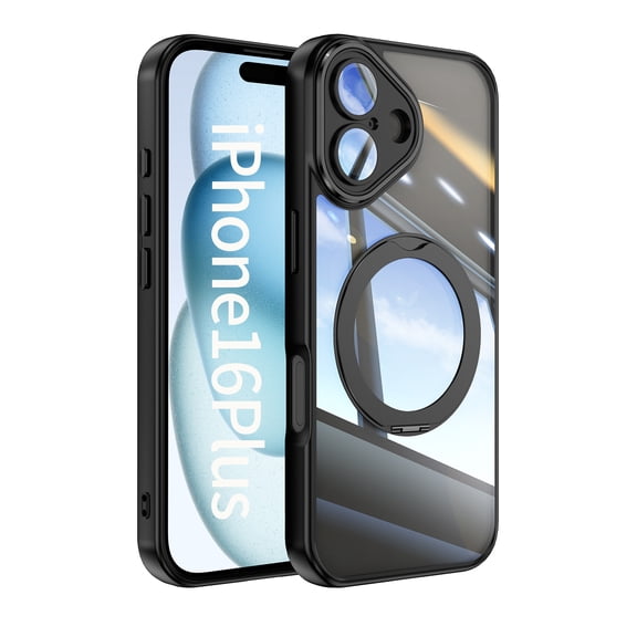 ELEHOLD Case for iPhone 16 Plus, Shockproof Anti-Scratch Full Camera Protector Case with 360° Ring Holder Stand,Black