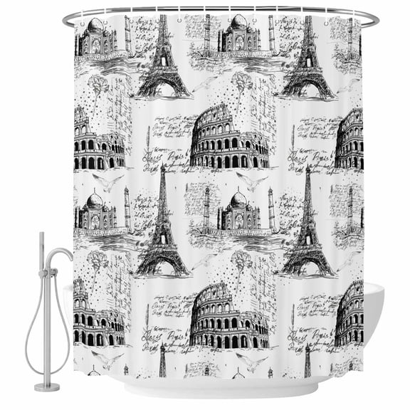 Black Architecture Shower Curtain Set - 72" x 78" Washable Bathtub Curtain with 12 Hooks, Vintage City Eiffel Tower Classic Waterproof Fabric Stall Shower Curtains for Bathroom/Bathtub Décor