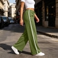 thumbnail image 4 of Womens Athletic Side Stripe Wide Leg Long Pants Solid High Waist Casual Trousers with Pockets, Loose Breathable Bottoms for Jogging, Loungewear and Outdoor Walking Army Green, 4 of 8