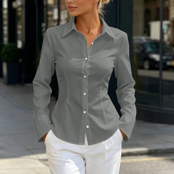 Xdegoge Long Sleeve Shirts for Women Button Down Dressy Collared Office Work Blouses Slim Fit Business Casual Professional Fall Basic formal Shirts