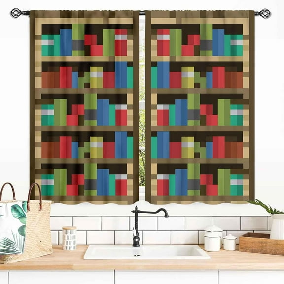 Pixelated Bookshelf Curtains, Pixel Print Game Theme Anime Bookcase Educational Window Drapery Treatments for Kids Boys Girls Teen Bedroom Living Room Classroom Nursery, 27.5x36 Inch