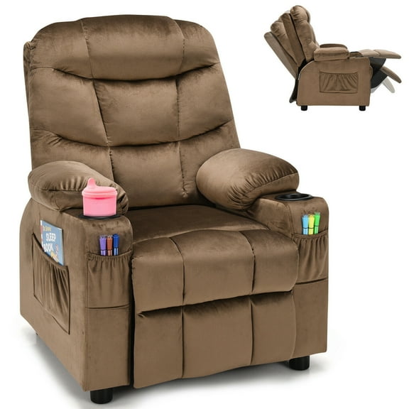 Gymax Kids Youth Recliner Chair Velvet Fabric w/Cup Holder & Side Pocket Brown