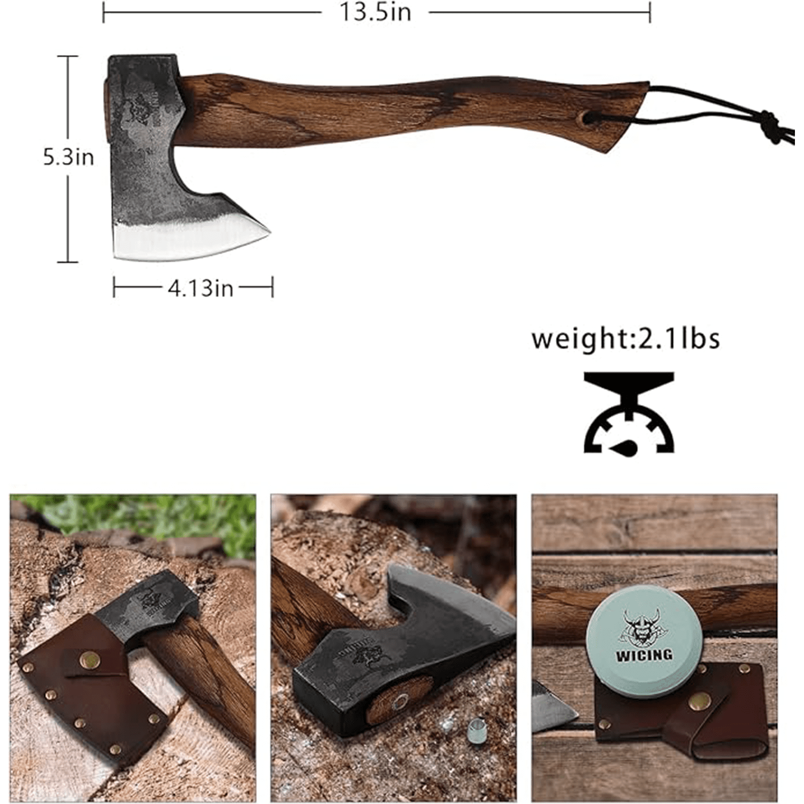 WICING 13.5" Camping Hatchet with 1065 Carbon Steel Head Beech Wood Handle and Leather Sheath for Camping Bushcraft Wood Chopping and Outdoor Use